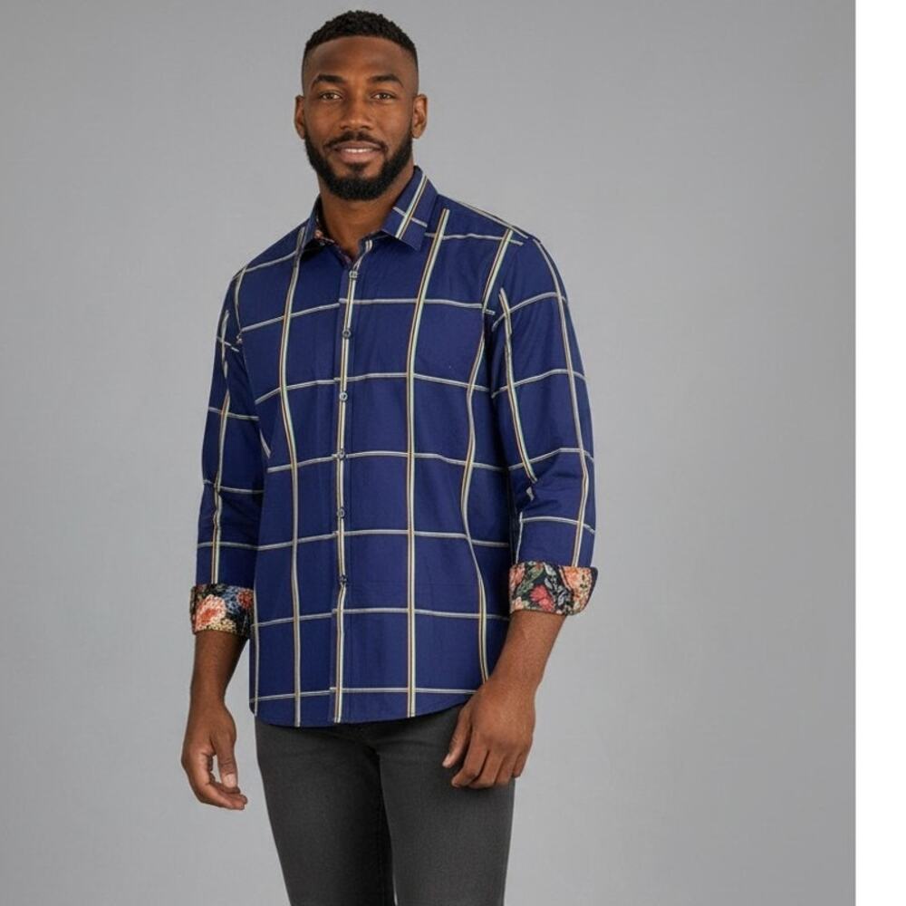 2X Men's blue long-sleeve button-down up shirt windowpane David Smith Australia